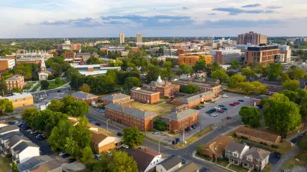 Aerial view university campus area looking into the city suburbs in Lexington KY
