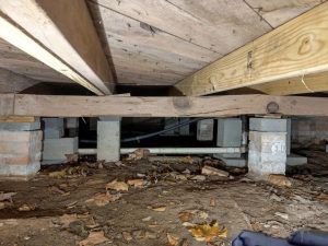 Crawl space with exposed wooden joists and support piers showing structural sagging and uneven support