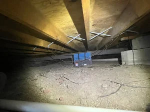 Dimly lit crawl space with exposed wooden beams and electrical wires overhead. The dirt floor is sparse, with a blue box centered in the background.