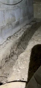 A dimly lit basement with a cracked, uneven dirt floor and concrete block walls. The scene feels neglected and somewhat eerie, suggesting structural issues.