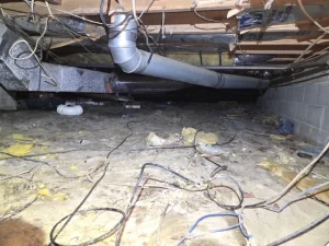 Dirty crawl space in Martinsville IN with damaged insulation and moisture before encapsulation