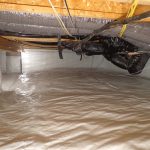 Crawl space encapsulation in Indiana with sealed floor liner and insulated HVAC ductwork